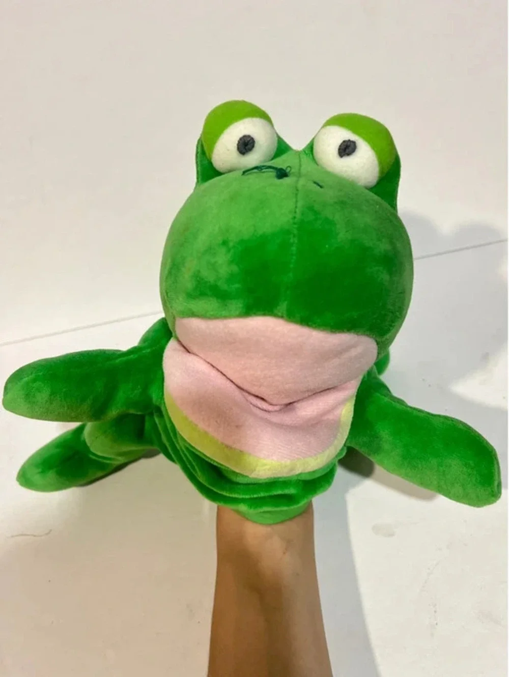 Vintage Croaker Frog Hand Puppet Plush Toy Green Pink Mouth 11” Soft Stuffy